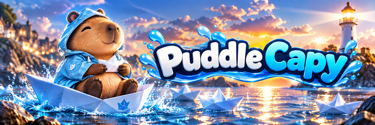 PuddleCapy sailing in a paper boat at sunset near a glowing lighthouse