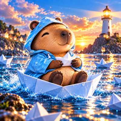 PuddleCapy riding a paper boat through sparkling water