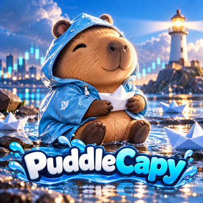 PuddleCapy in a shiny blue raincoat holding a paper boat